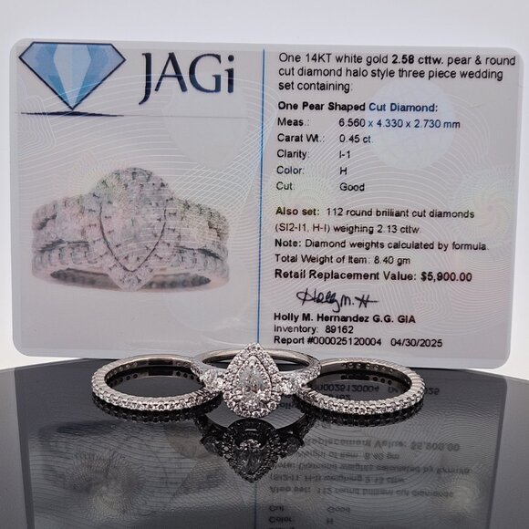 14KT White Gold Pear Diamond 3 Piece Wedding Ring Set 2.58TCW Size 7 - Picture 8 of 16
